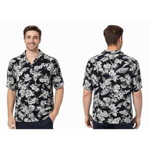 Men's Medium Express Black & White Floral Hawaiian Shirt Button Short Sleeve